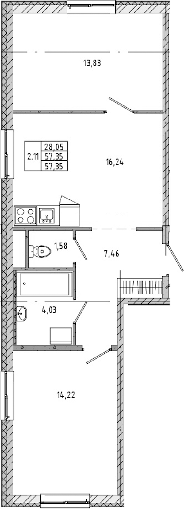 2-комнатная квартира 57.34 м², 1/21 эт., ЖК «Новые горизонты 2»